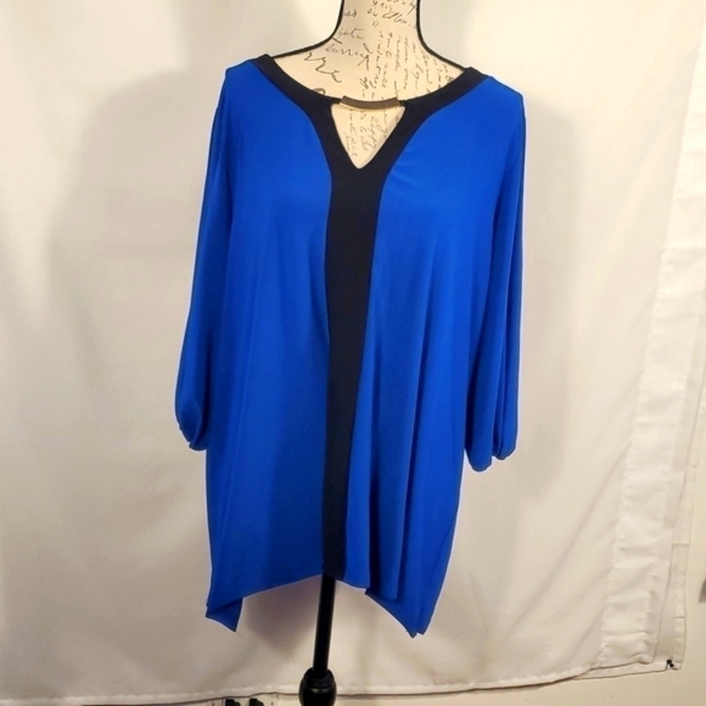 Faith and Joy Blue with black trim blouse Size 3XL
